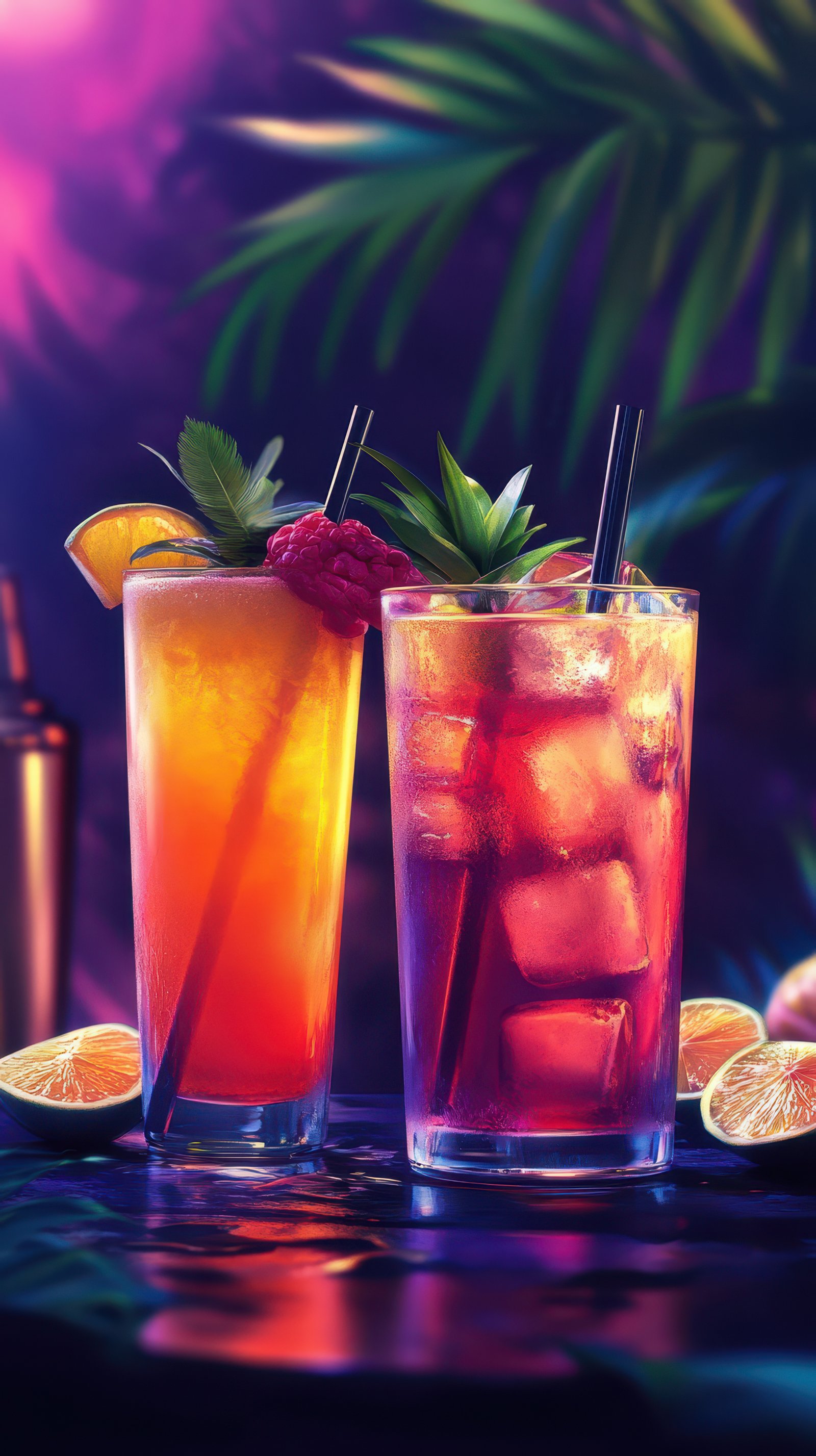 Tropical cocktails on a vibrant bar table with colorful garnishes during a summer evening